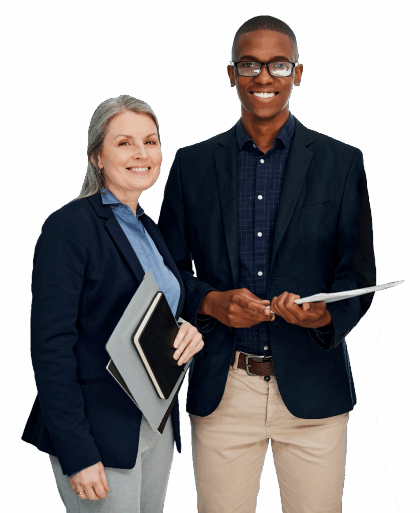 A businesswoman and man smiling