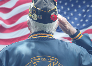 Older veteran saluting American flag with overlay