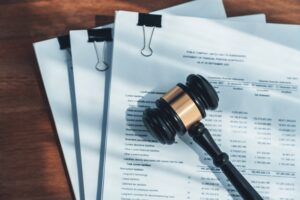 Black wooden gavel and paper on office desk as justice and legal equality